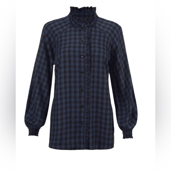 CAbi Tops - CAbi ABERDEEN Navy Checkered Blouse with Ruffle Collar